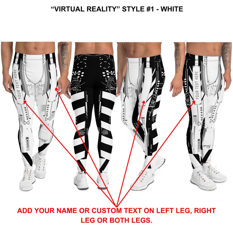 K&ouml;nnte beinhalten: Schwarz-wei&szlig;e Leggings mit geometrischem Muster. Die Leggings haben einen anpassbaren Bereich am linken und rechten Bein, wo Sie Ihren Namen oder einen individuellen Text hinzuf&uuml;gen k&ouml;nnen. "VIRTUAL REALITY" STYLE #1 - WHITE
