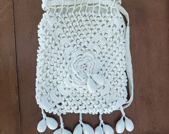 Victorian Crocheted White Handbag, 1920's Ladies Lace Reticule Hand Crocheted Purse, Dressy Occasion Wedding Bag, Tea Party Purse