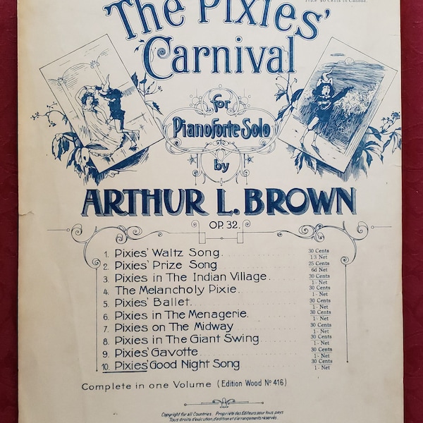 Vintage Sheet Music, 1906 "The Pixies' Carnival" Piano Music, by Arthur Brown, Music Ephemera, Music Collector Gift