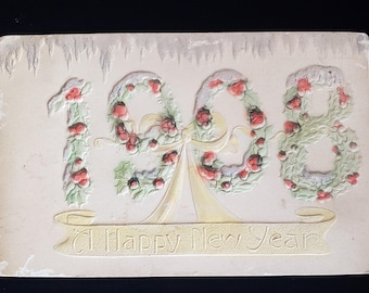 1908 Antique "Happy New Year", Antique postcard,  VintageLoretto