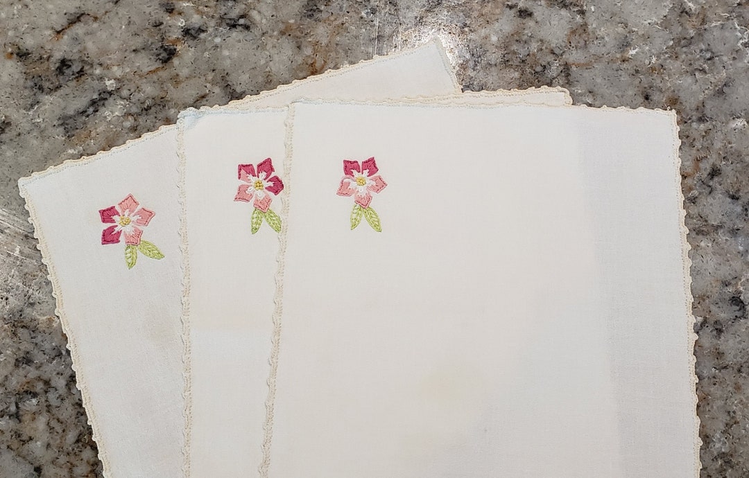 Vintage Handembroidered Cocktail Napkins, Pink Floral Embroidery, Mid