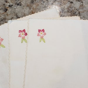 Vintage Hand-Embroidered Cocktail Napkins, Pink Floral Embroidery, Mid-Century Linens, VintageLoretto