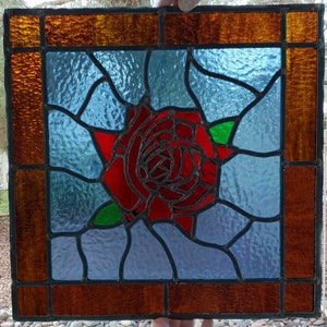 Red Rose Stained Glass Window, Stained Glass Art Window, Leaded Glass Panel, VintageLoretto