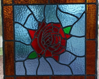 Red Rose Stained Glass Window, Stained Glass Art Window, Leaded Glass Panel, VintageLoretto