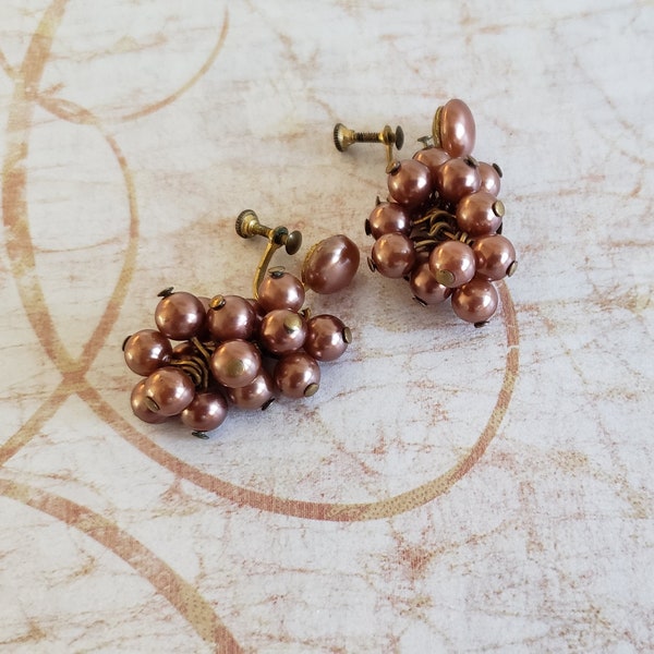 Cluster Dangling Bronze Earrings, Grape Cluster Brown Satin Earrings, VintageLoretto