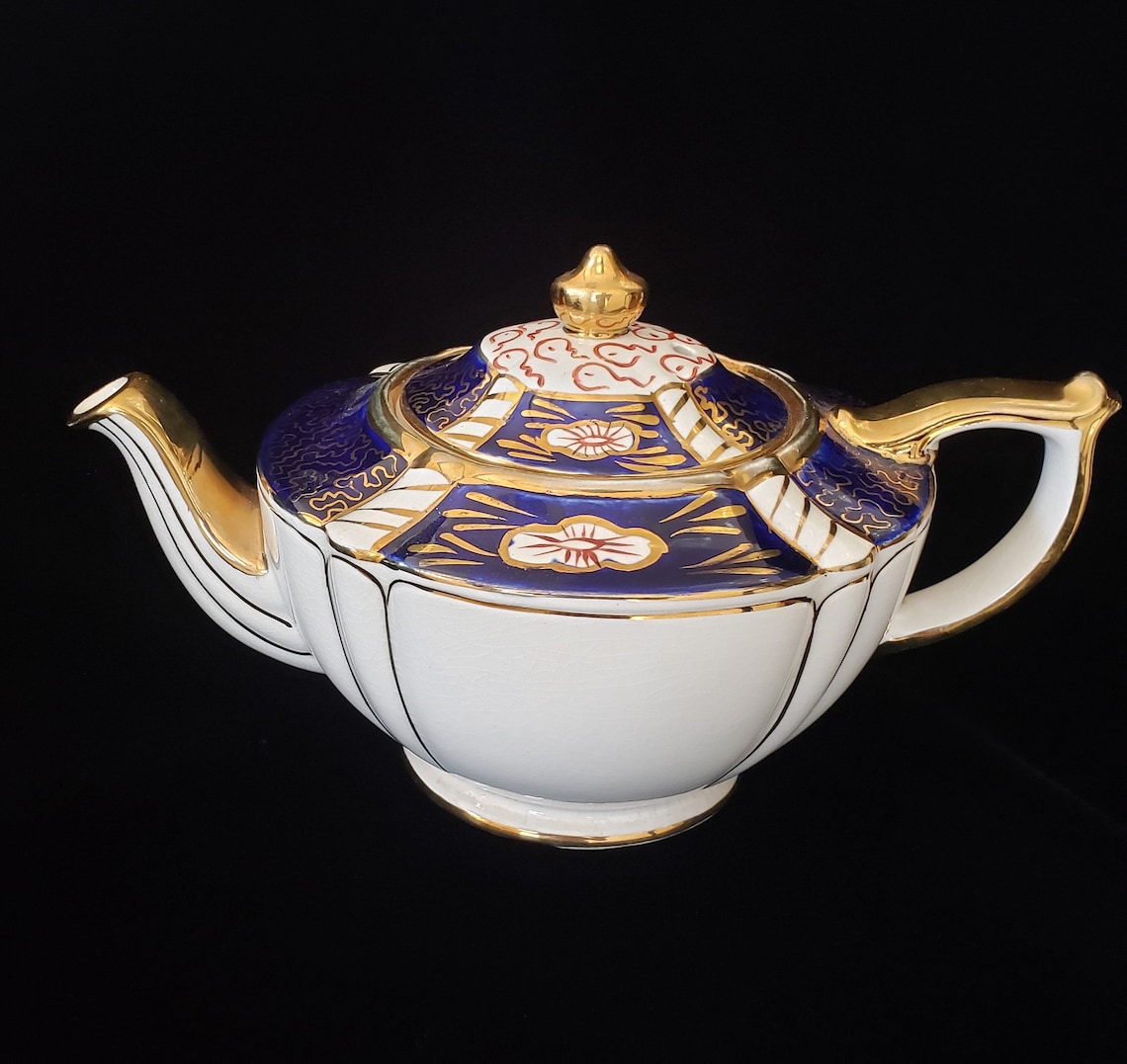 Sadler Imari Porcelain Teapot Ivory Cobalt Blue Rusty Red Etsy