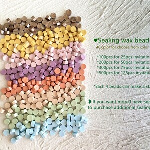 May include: A collection of colorful sealing wax beads in shades of brown, yellow, pink, purple, orange, green, and blue. The text reads "Sealing wax beads" and details quantities for invitations. Each 4 beads can make a stamp.
