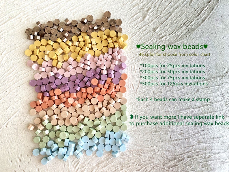 May include: A collection of colorful sealing wax beads in shades of brown, yellow, pink, purple, orange, green, and blue. The text reads "Sealing wax beads" and details quantities for invitations. Each 4 beads can make a stamp.
