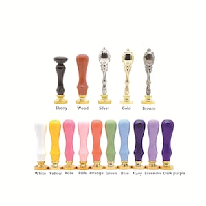 May include: A collection of wax seal stamps in various colors and styles. The handles are in colors like white, yellow, pink, and blue. The stamp heads are in silver, gold, and bronze. The text labels the colors: Ebony, Wood, Silver, Gold, Bronze.