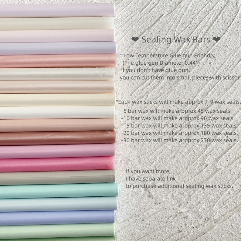 May include: A collection of colorful sealing wax bars in various pastel shades, including pink, lavender, and mint green. The image includes text describing the product's compatibility with glue guns and the approximate number of seals per bar.