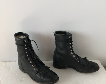 sz 8 b vintage black leather JUSTIN lace up granny combat boots