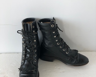 Botas de combate Justin Grandma vintage de cuero negro, con cordones, talla 7C - Moda sostenible