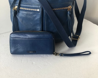 Borsa a tracolla vintage in pelle blu FOSSIL: grande borsa a tracolla