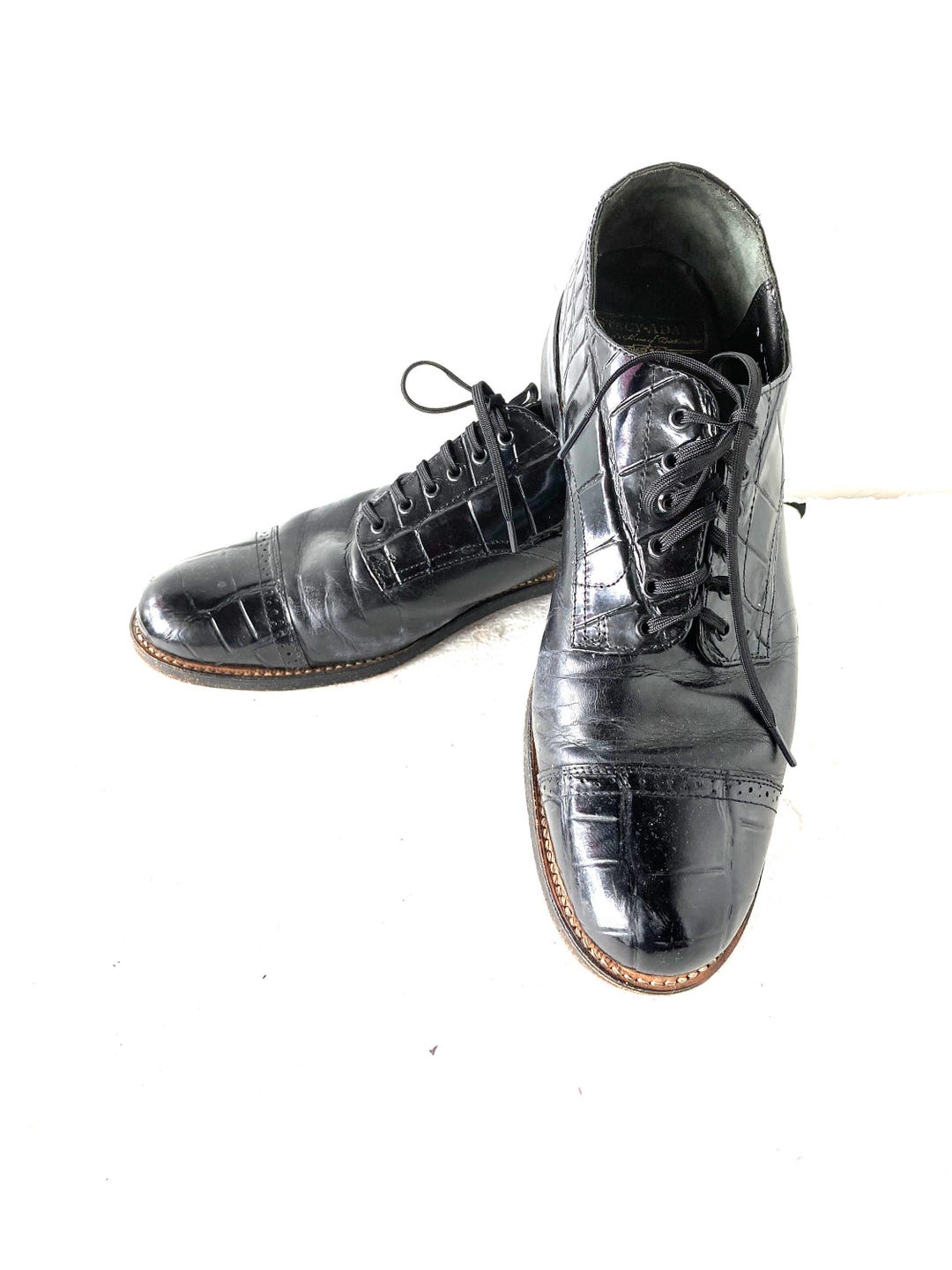 Stacy Adams Vintage 60s/70s Men Black Croc Print Leather Lace up
