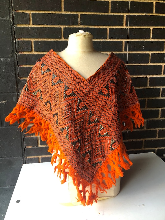 Orange metallic vintage 70s Guatemalan poncho cap