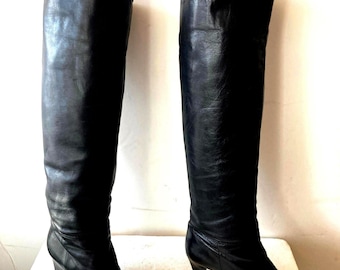 YSL SAINT LAURENT bottes en cuir noir-bottes hautes à talons-t 9,5