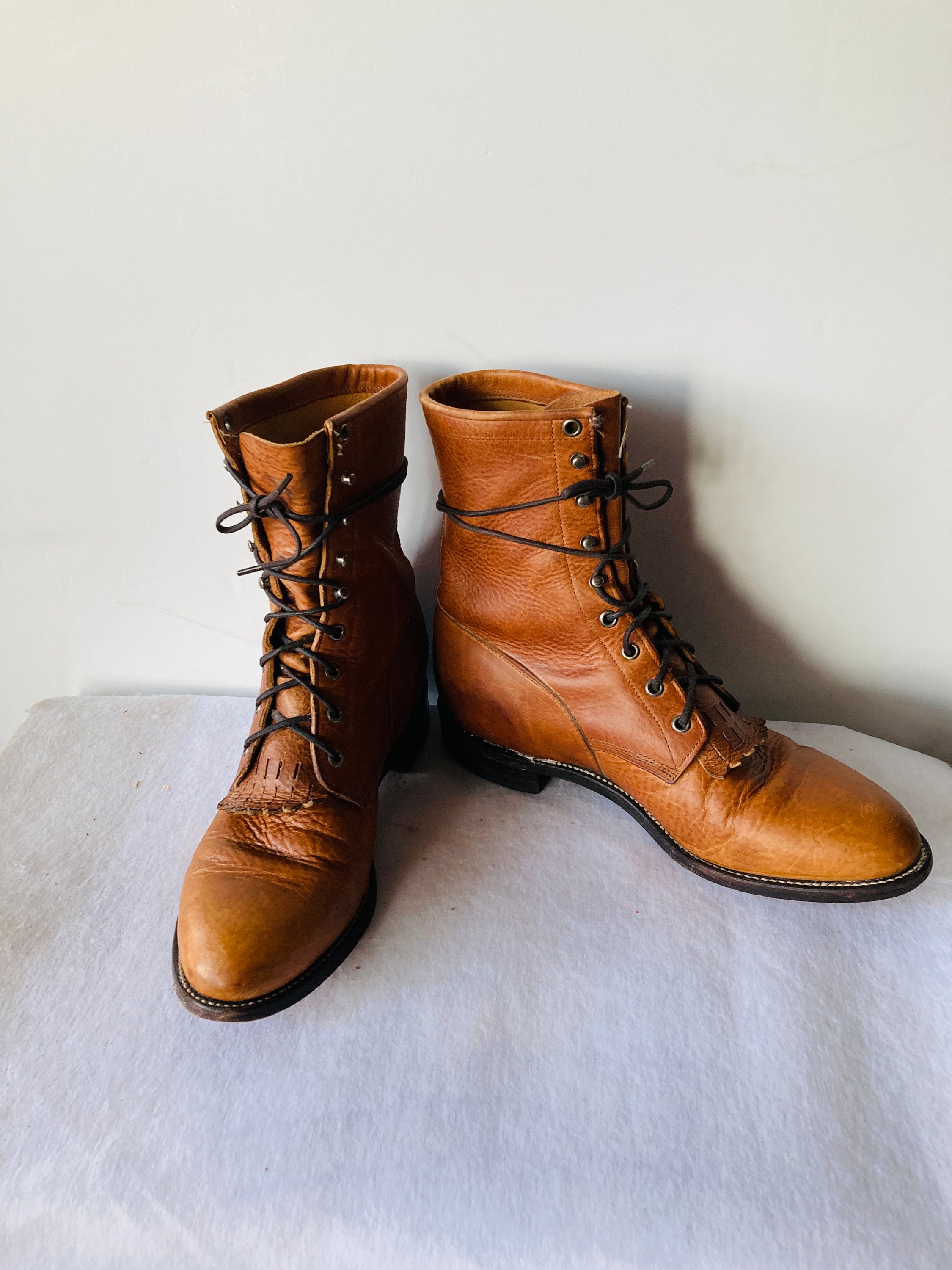 Vintage Caramel Brown Leather Justin Combat Boots - Size 10D  display picture 1