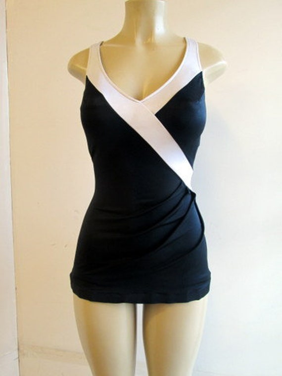 bold black and white vintage 1970s one piece swims