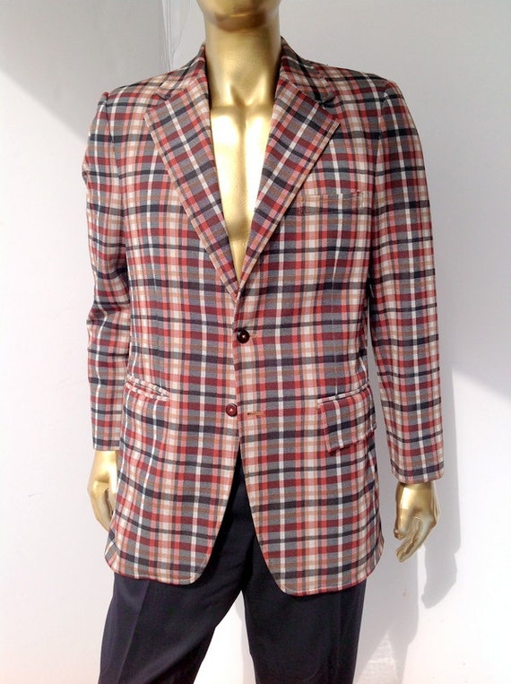 Sz 42L Vintage 70s Black and Mix Color Plaid Poly Knit