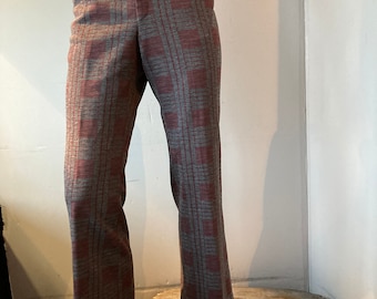 sz med to L vintage 70s bold psychedelic plaid print men  pants-grey and red double knit-create unforgettable style in these bold 70s  pants