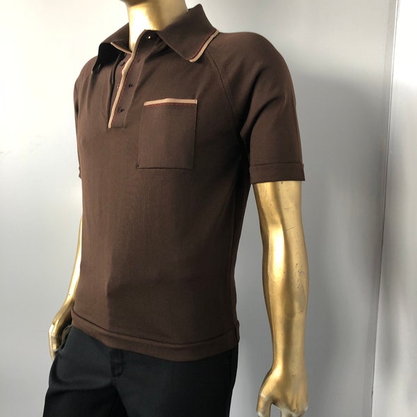 sz med vintage 60s men knit shirt brown half button up banlon style knit shirt-body hugging polyester MC MRECOR label -sustainable fashion