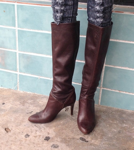 Sz 9b COLE HAAN Vintage Brown Leather Tall High Heel Boots  display picture 1
