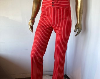 sz S HELLS BELLS vintage 70s high waist-bold stripe men pants-red and white stripe double knit- Explode on the scene in these daring pants