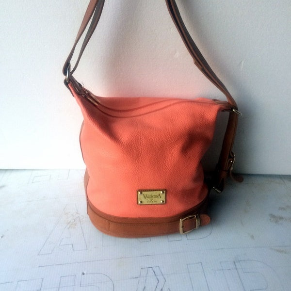 VALENTINA vintage XL peach and toffee  color leather  zip top purse  soft fine-italian leather-bold color- 2 large inside compartment