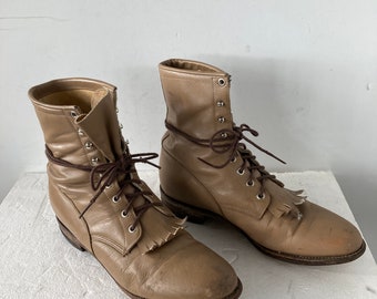 sz 10.5 D vintage taupe color leather justin, lace up granny combat boots -sustainable fashion