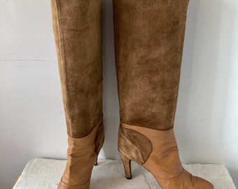 Botas altas de ante y piel vintage de los años 70 - Talla 7 - Fabricadas en Italia