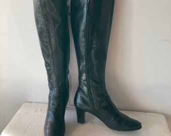 Vintage Ferragamo Black Leather Knee High Boots - Size 7B, Made in Italy