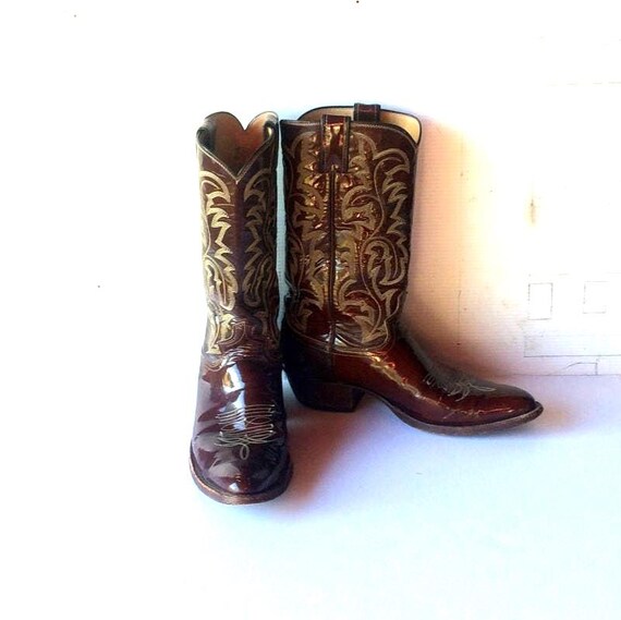 Vintage JUSTIN Cowboy Boots: Brown Patent Leather Western Style, sz 9.5 D
