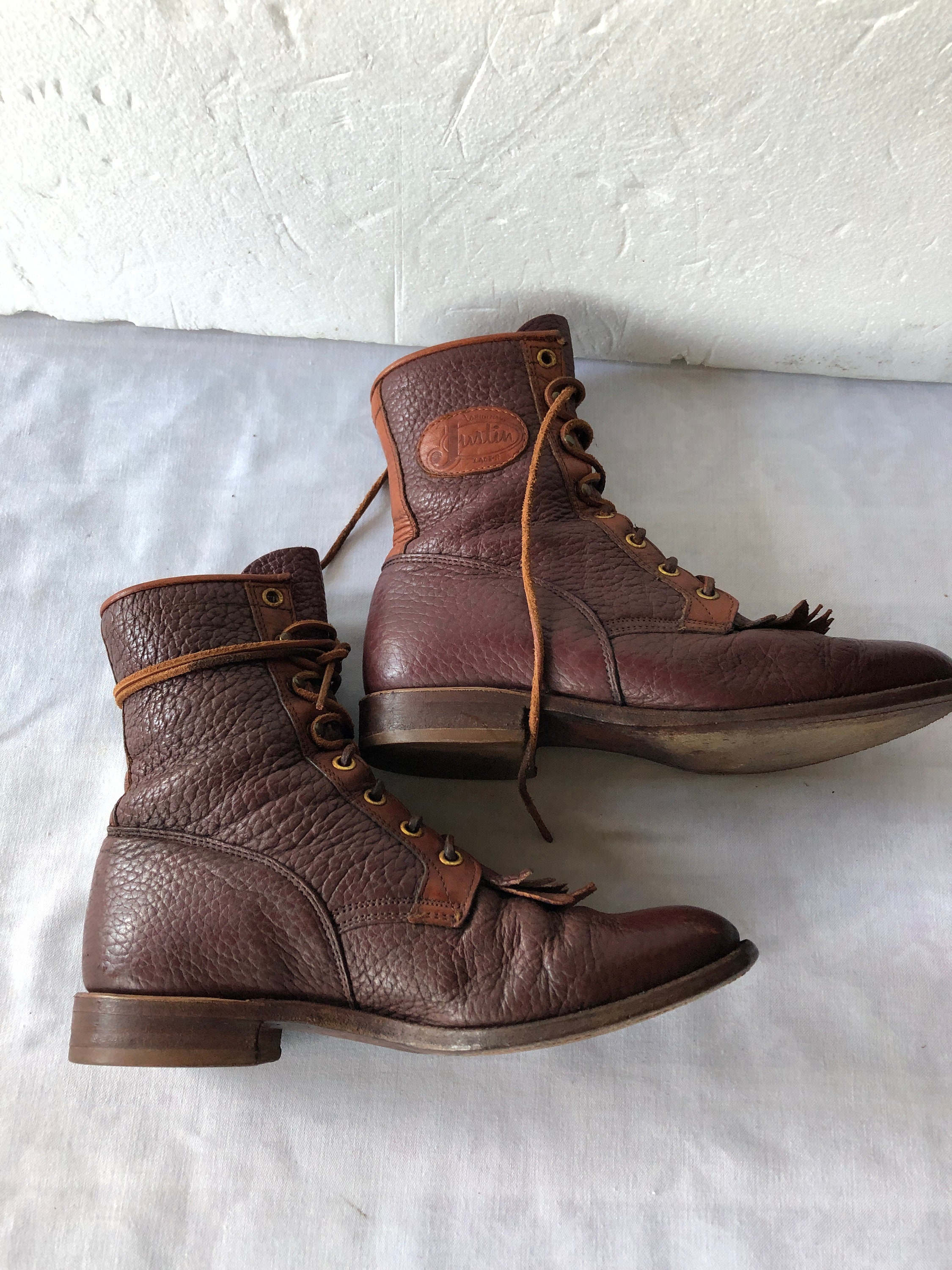 Sz 7 b cuero vintage justin botas de combatedos tonos marrón Etsy
