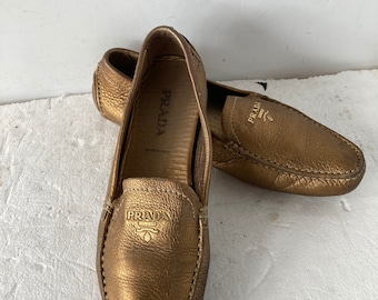 sz 37 vintage PRADA gold leather flat loafers with a comfortable rubber sole  made in ITALY-give your look a extra bite in these chic shoes