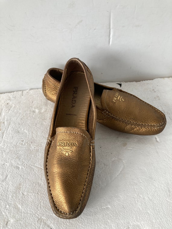 sz 37 vintage PRADA gold leather flat loafers with