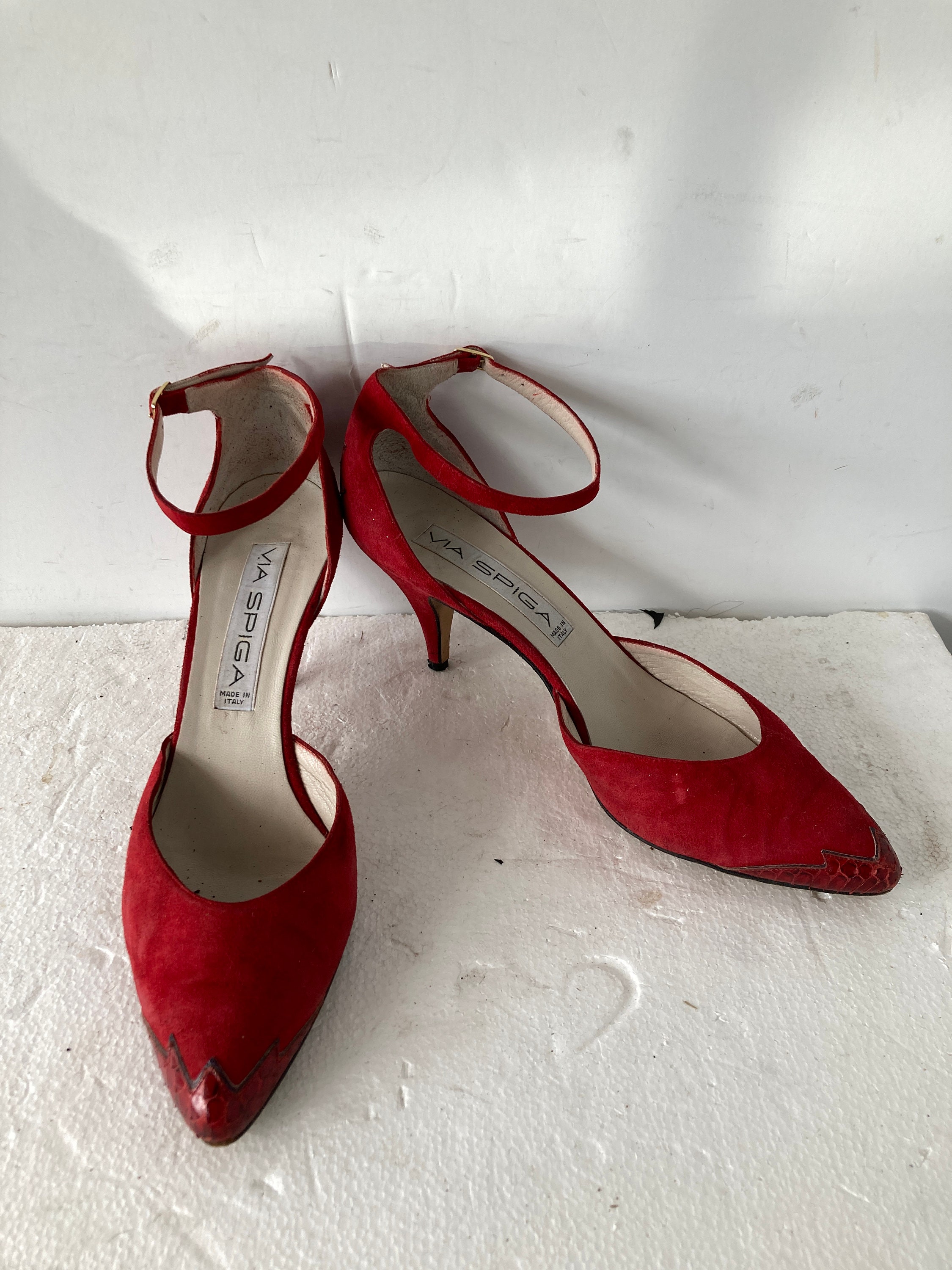 sz 9aa VIA SPIGA vintage 1980s pumps red suede and genuine snakeskin sexy high heel leather D Orsay pumps get a sexy twist shoes