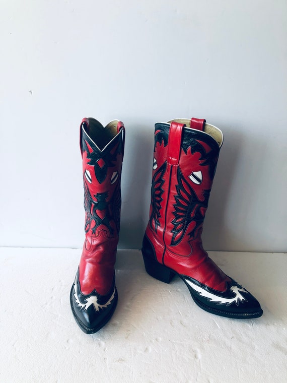 Vintage Handmade Leather Cowboy Boots: Red, Black & White Eagle Inlay - YAMZON sz 9.5