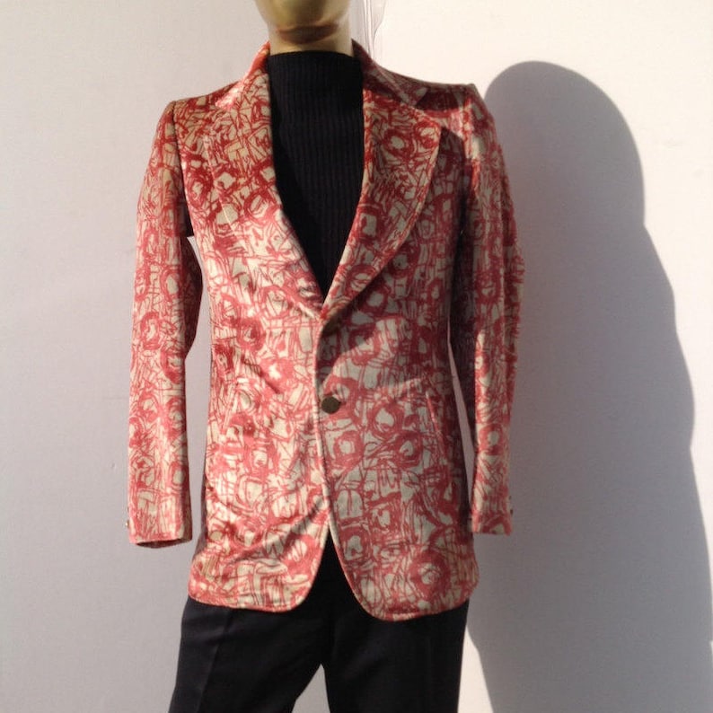 sz 38 r men vintage 70s pink and cream color art print velvet jacket LIBERTO of FLORENCE label