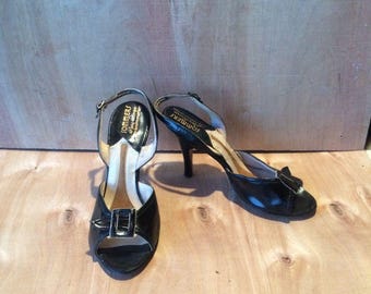 vintage 1950s  sexy high heel black patent leather  sandals sz 6.5