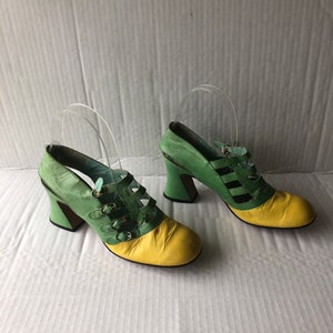 vintage1960s unique- buckle up shoes green and yellow leather-square toe-make a bold statement in  these fun shoes sustainable fashion  sz 8