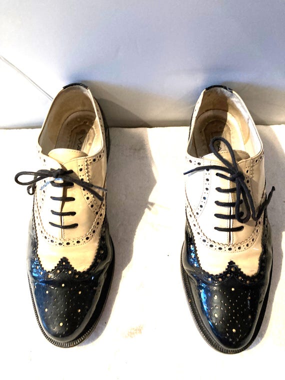 Vintage VIA SPIGA Spectator Shoes: Black & Cream Patent Leather, Size 8 Vintage VIA SPIGA Spectator Shoes: Black & Cream Patent Leather, Size 8