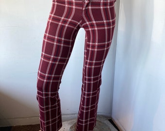 sz XS vintage 70s bold psychedelic plaid print pants-burgundy cream and black double knit-these pants creates attention grabbing looks