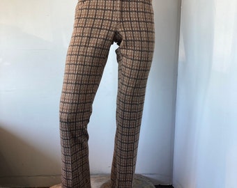 sz L vintage 70s bold psychedelic plaid print men pants-brown and beige double knit polyester-take your every day pants to new heights