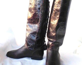 Vintage Croc Print Leather Riding Boots - Size 6M, Made in Yugoslavia