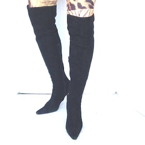 sz 6.5 vintage black suede high heel thigh high boots,side zip-high stacked heel-leather sole and lining soft suede sz 6.5