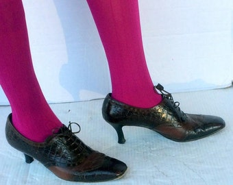Vintage BALLY Brown Croc Print Leather Oxfords, Made in Italy, EU 39.5