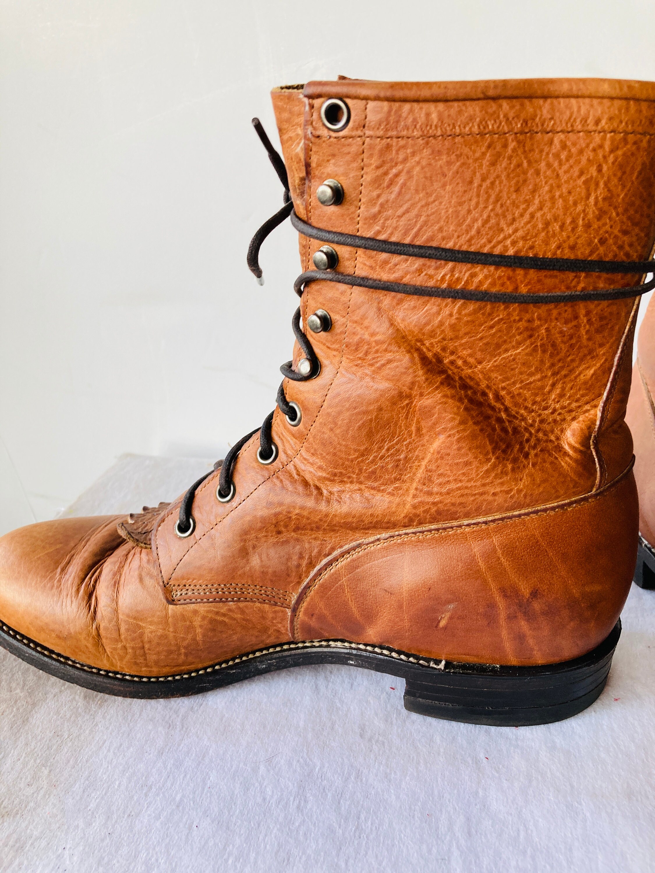 Vintage Caramel Brown Leather Justin Combat Boots - Size 10D 