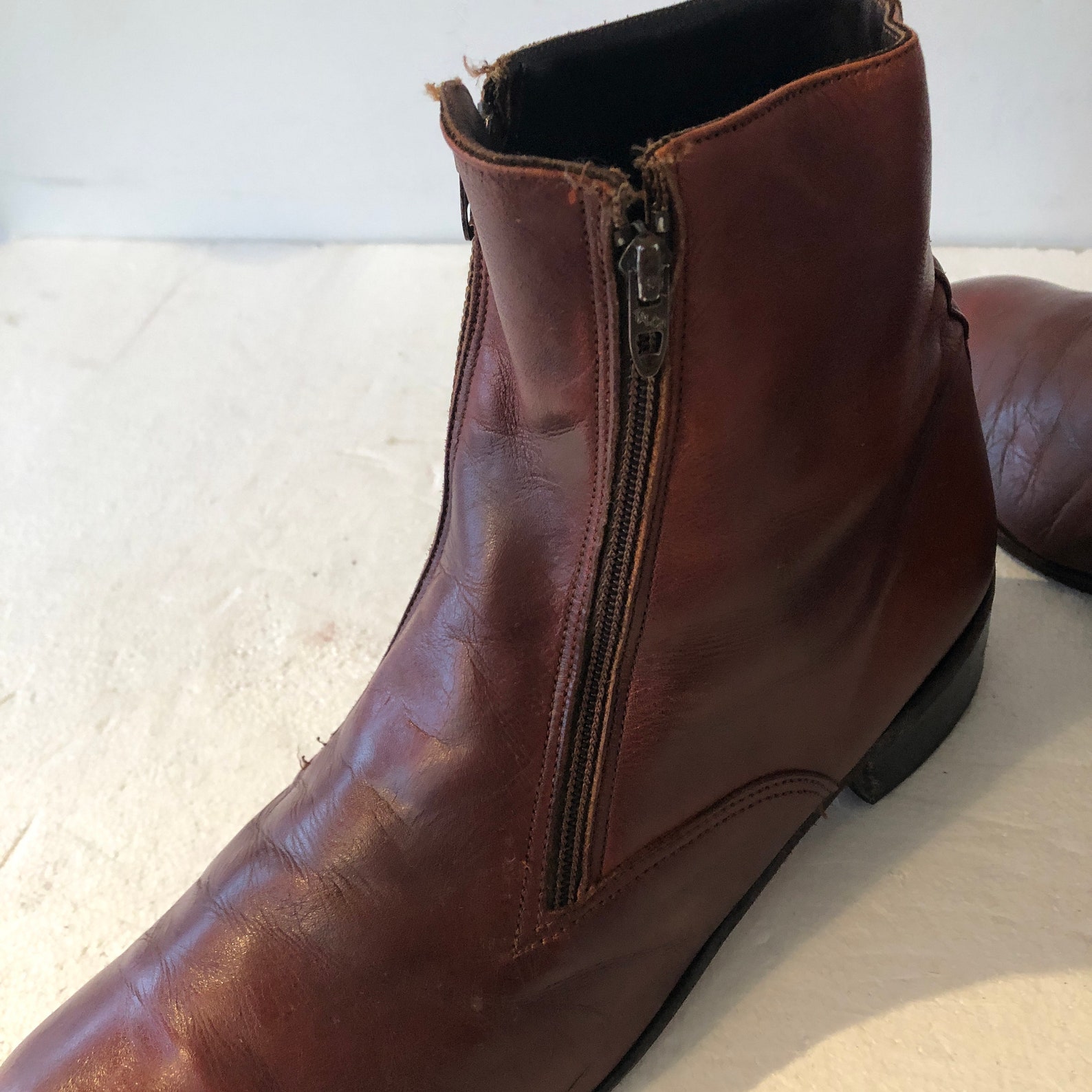 Sz 11 d vintage 70S brown leather men ankle boots double zip | Etsy