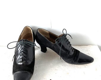 vintage 80s  Anne Klein black leather and suede spectator low heel  shoes sz 9.5 made in ITALY