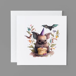 Unique Handmade Watercolour Birthday Card with Cute Bat Illustration - Linen 300gsm FSC Cardstock - Perfect for Animal Lovers